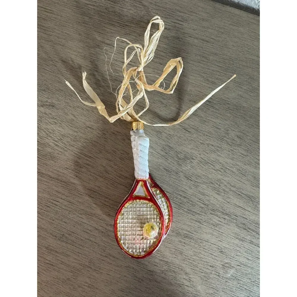 Glass Tennis Racket Christmas Ornament – Red & White with Ball Detail